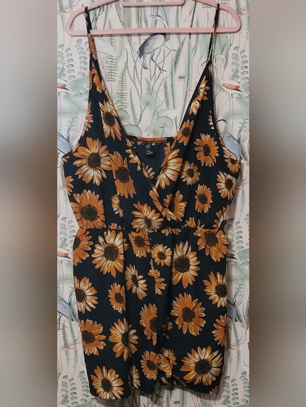 SHEIN Navy & Yellow Drop Neck Sleeveless Romper with Sunflower Print - Size: 3XL